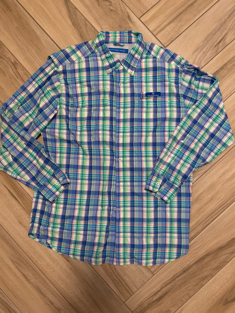 Men's Southern Tide Blue and Green Plaid Button-Down Fishing Shirt